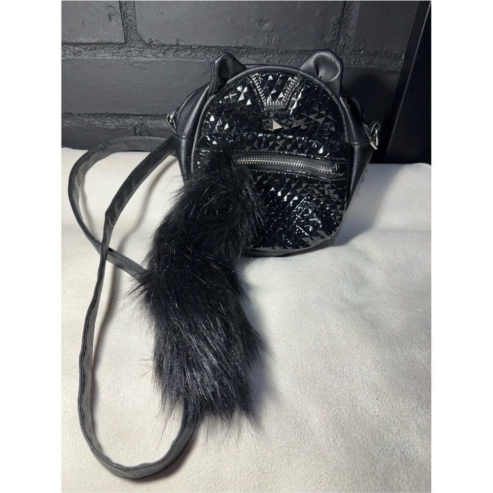 Claire's Crossbody Bag Women Small Black Cat Ear Studded Faux Fur Tail Goth Punk